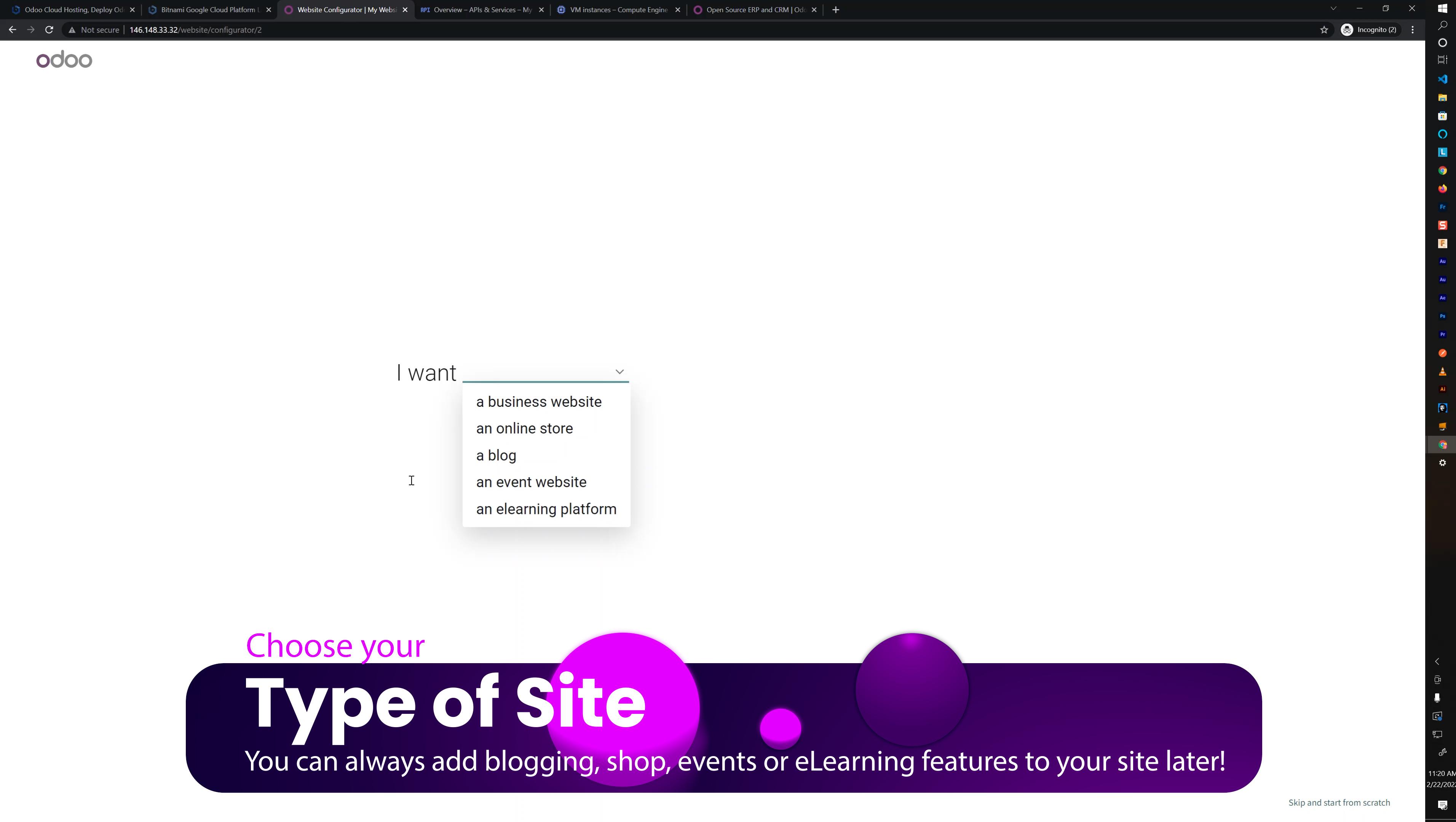 Step 20 enter your type of odoo website you would like to create