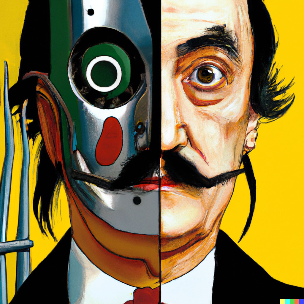 vibrant portrait painting of Salvador Dalí with a robotic half face